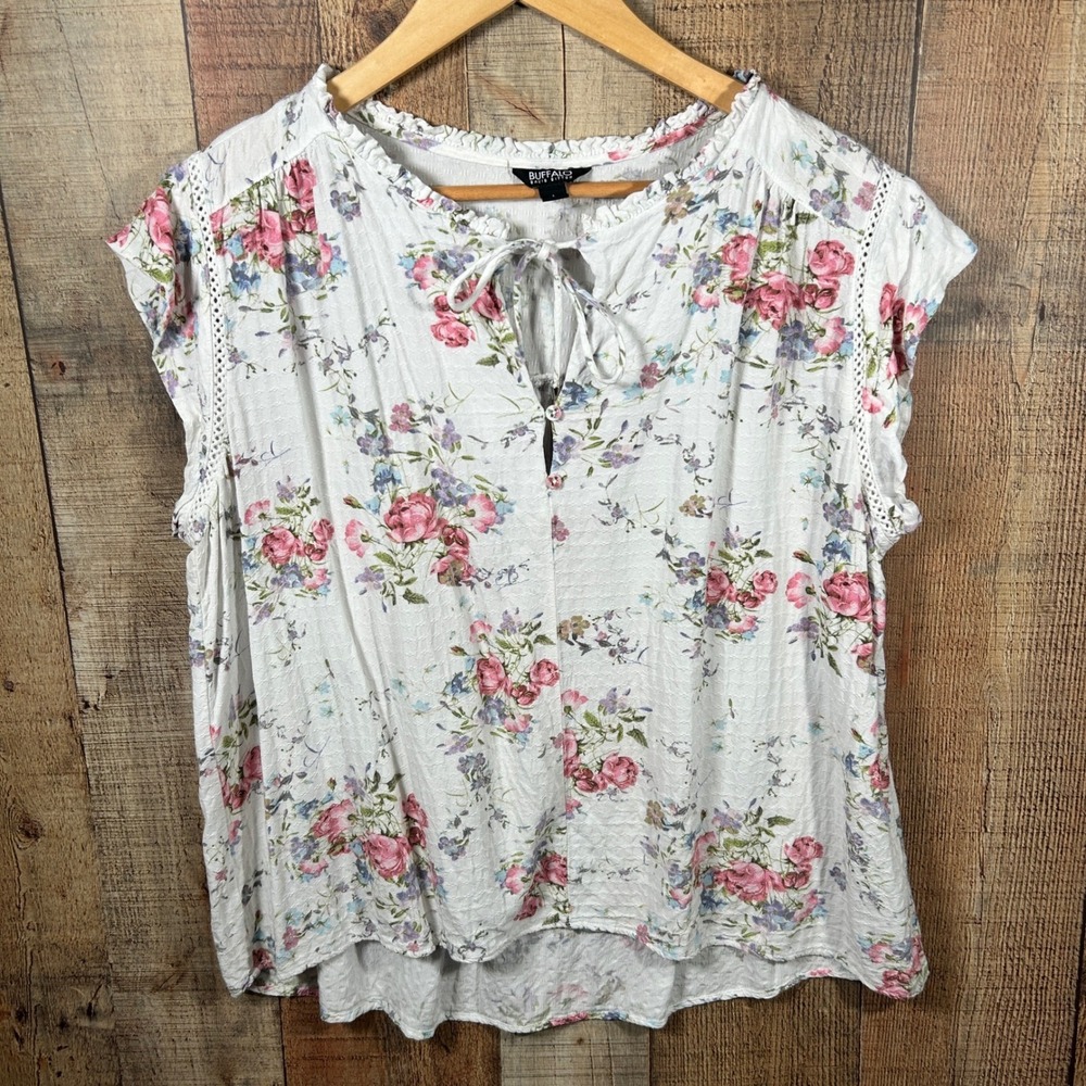 Buffalo David Bitton Cottagecore Floral Blouse Large Lace Flutter Romantic